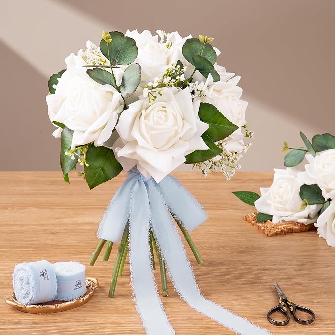 DORIS HOME Baby Blue Chiffon Ribbon for Flower Bouquet, 1" x21Yd Fabric Ribbon for Gift Wrapping, Handmade Frayed Ribbon for Wedding Invitations/Christmas Decorations
