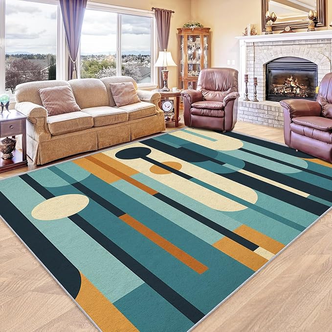 Mid Century Rug 7x10, Washable Modern Geometric Rugs for Living Room Bedroom, Abstract Mid-Century Area Rug for Home Decor, Non Slip Backing Floor Carpet - 7 x 10 ft