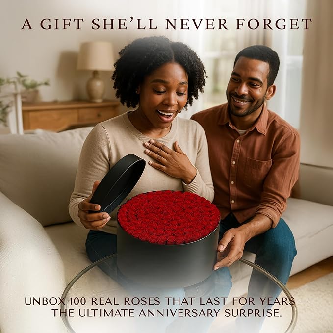 100 Preserved Roses, Forever Flowers for Delivery in Designer Round-Shaped Box, Petite Long-Lasting Buds for Women, Eternal Rose Bouquet for Mothers Day, Girlfriend's Birthday
