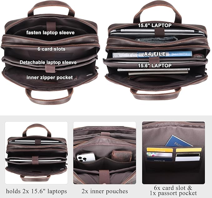 Masa Kawa Leather Briefcase for Men 15.6", 17" Laptop Computer Case Business Travel Work Messenger Cross Body Shoulder Bag