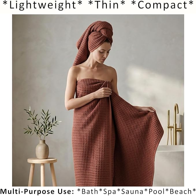 PÜSKÜL Natural 100% Turkish Cotton Waffle Bath Towels Set of 2-Piece | 32x63 inch Extra Large Absorbent Quick-Dry Lightweight Spa Towel | Decorative Guest Towel (Red Brick Bath Towels - Pack of 2)