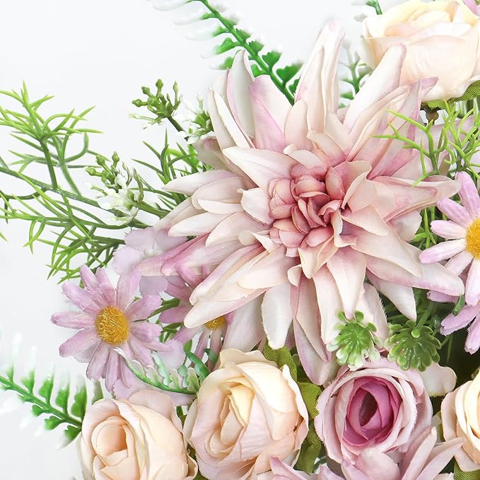 2PCS Artificial Flowers Dahlia Bouquet Fake Flowers Purple Silk Roses Daisies Faux Floral Arrangements for Dining Table Centerpieces for Kitchen Bridal Bouquet Wedding Party Home Decor