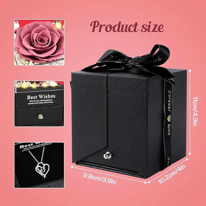 Christmas Birthday Gifts for Women - Preserved Real Rose with I Love You Heart 100-Language Necklace, LED Lights & Music Gift Box, Christmas for Women Girlfriend Mom