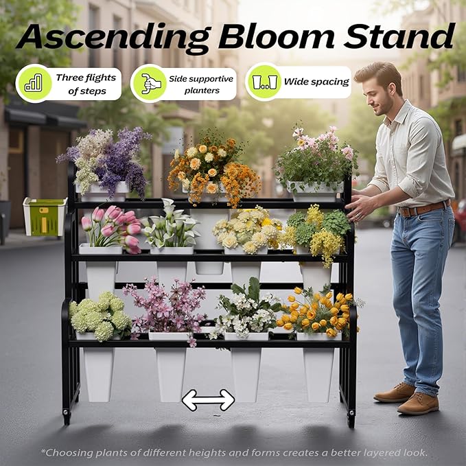 Heavy Duty 3-Layer Metal Flower Display Stand, 11-Bucket Flower Bar with Tool Basket, Thickened Frame & 360° Swivel Wheels, Flower Cart for Patio, Garden, Florist, Wedding & Party (Black)