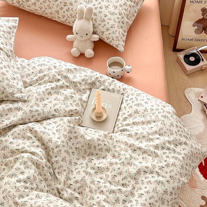 EAVD Garden Style Small Floral Print Duvet Cover Twin Soft Cotton Chic Shabby Cute Floral Bedding Set for Girls with 2 Pillowcases Fresh Botanical Duvet Cover with Zipper Closure