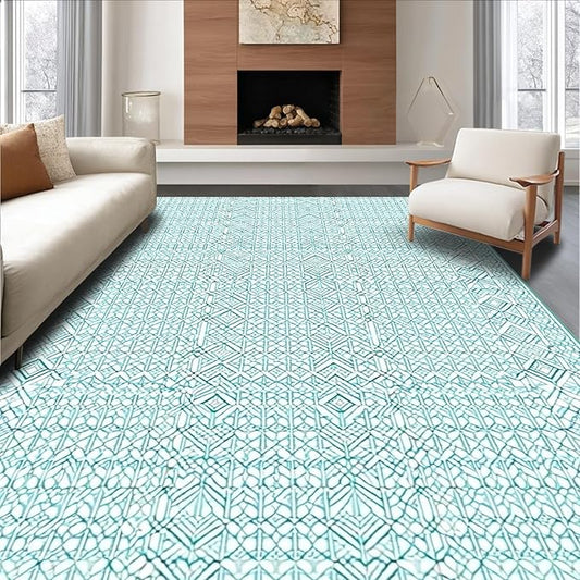 Flatwoven High Traffic Area Rug 8x10, Geometric Diamond Trellis, Non Slip, Stain Resistant, Washable Area Rugs for Living Room, Bedroom (Teal, 8x10)