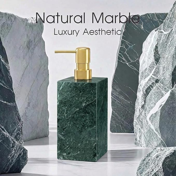 Real Natural Marble Soap Dispenser with Stainless Steel Pump Decorative Liquid Hand Soap Bottle for Kitchen Bathroom, Compatible with Lotion, Dish Soap Shower Gel (Green 1 Set)