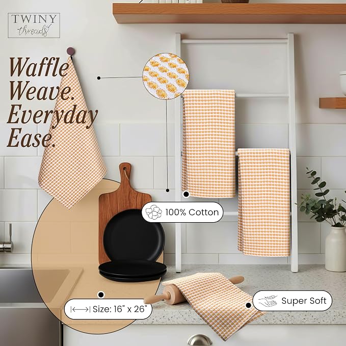 TWINY threads Circle Waffle Tea Towels 4 Pack, 16x26 Inches, 100% Cotton, Heavy Duty, Quick Dry, Reusable Dish Cloths, Ideal for Baking, Cooking, Farmhouse Kitchen Decor, Mustard Yellow