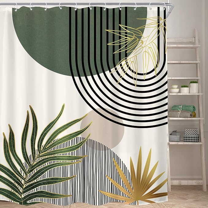 KOMLLEX Mid Century Green Boho Shower Curtain 72Wx84L Inches Abstract Modern Shower Curtains for Bathroom Gold Plant Botanical Minimalist Arch Sun Fabric Liner Waterproof Polyester 12 Pack Hooks