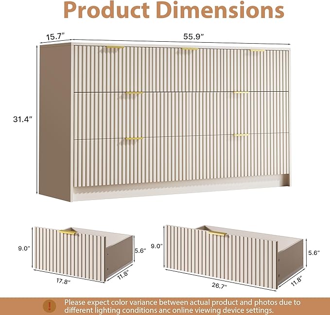 3 Piece Dresser Bedroom Set, 7 Drawer Dresser & 3 Drawer Nightstands with Gold Handles, Fluted Wood Chest of Drawers for Bedroom, Living Room, Entryway, Beige