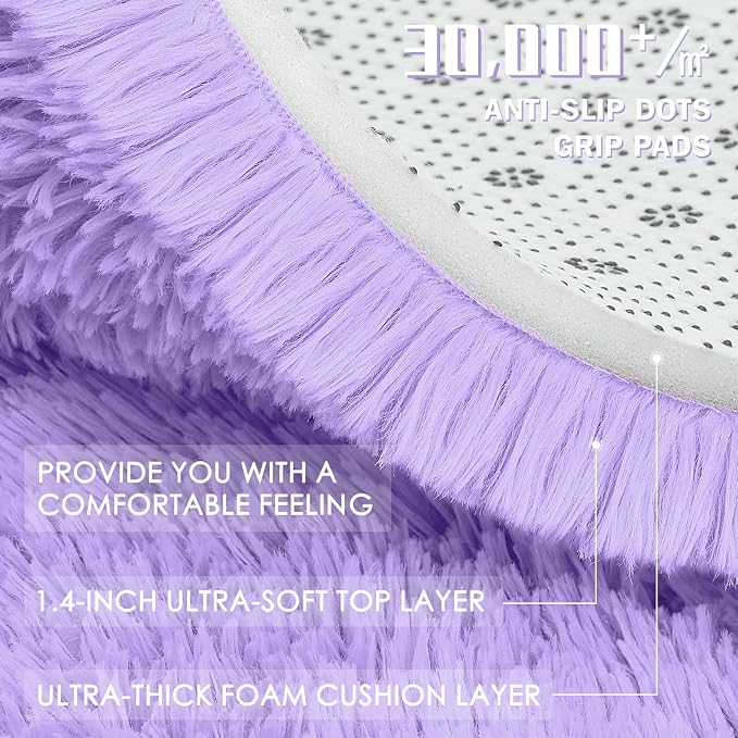 OLANLY Light Purple Round Rugs for Bedroom - Machine Washable, 4 ft Circle Area Rugs for Living Room, Soft and Fluffy Shaggy Carpet for Teen Girls and Boys, Nursery Rooms, Dorms, Home Decor Aesthetic