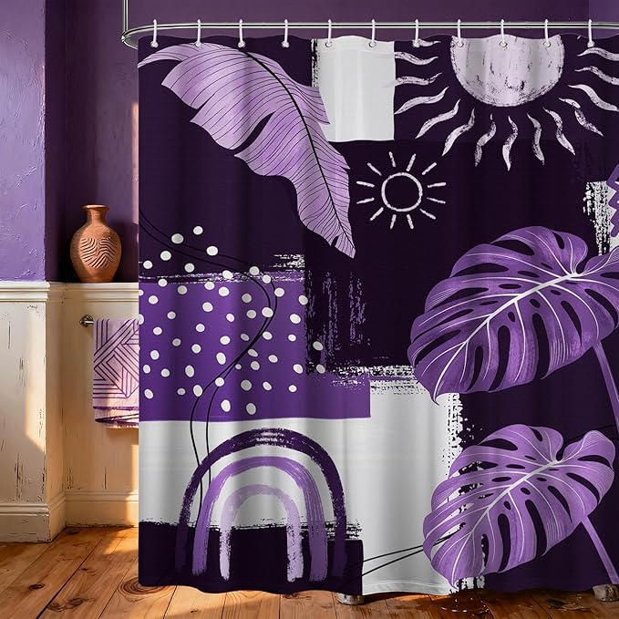 Purple Mid Century Modern Shower Curtain Bohemian Abstract Lavender Shower Curtains for Bathroom Decor Sets, Waterproof Cloth Fabric with Hooks, 70x78 Inch