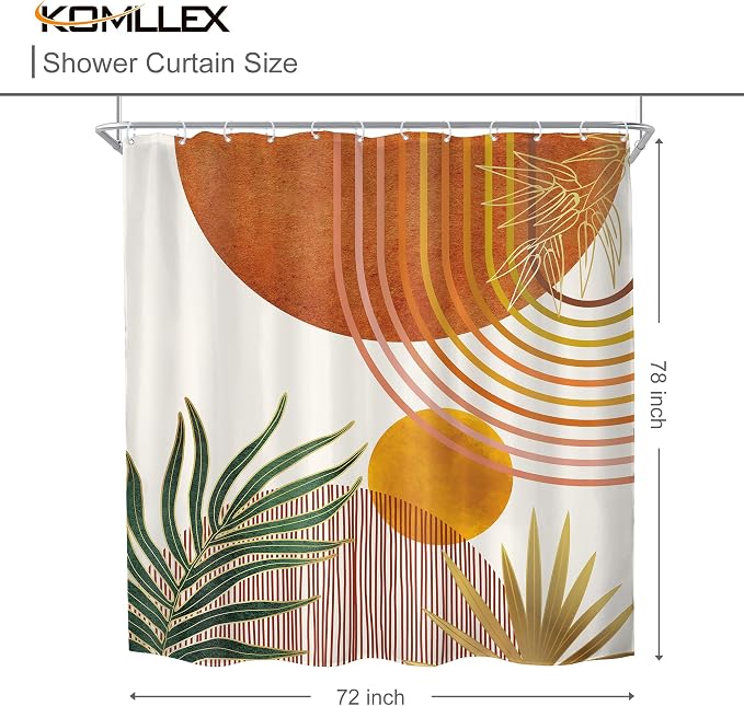 KOMLLEX Mid Century Orange Boho Shower Curtain for Bathroom Decor 72Wx78H Inches Abstract Retro Gold Modern Contemporary Bohemian Arch Simple Plant Fabric Waterproof Polyester 12 Pack Hooks Pack Hooks
