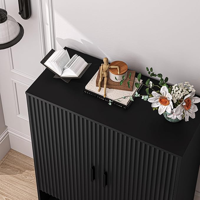 BOXACTION 4-Tier Fluted Shoe Cabinet with 2 Doors & Open Shelf, Mid Century Modern Shoe Storage Organizer with Adjustable Shelves, Metal Handles & Wood Legs, Hidden Shoe Rack for Entryway, Hallway
