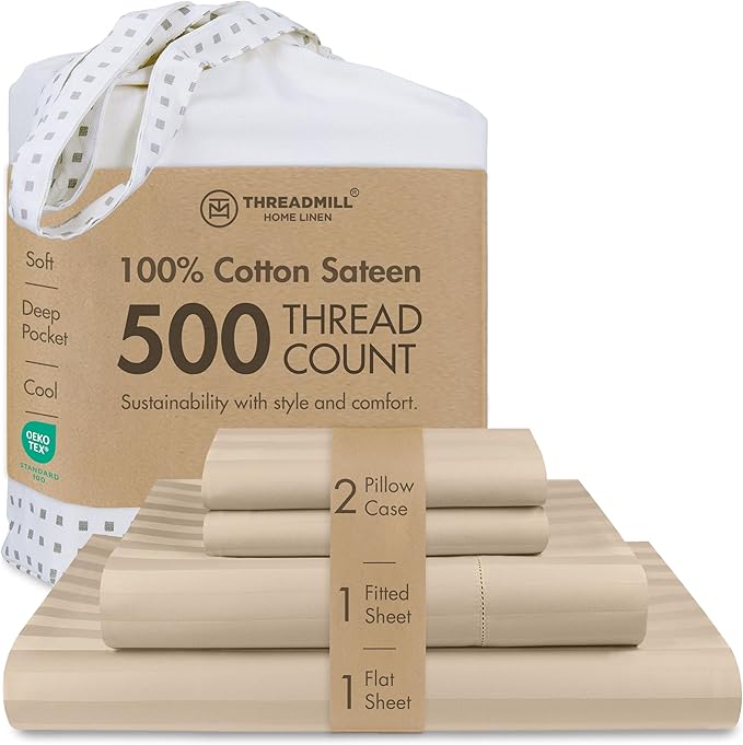 Threadmill 500 Thread Count Queen Size Damask Stripe, 4 Pc Luxury Cotton Bedding Set, Silky Smooth Light Beige Sheets with 16" Elasticized Deep Pocket, 2 Pillowcases & Free Tote Bag