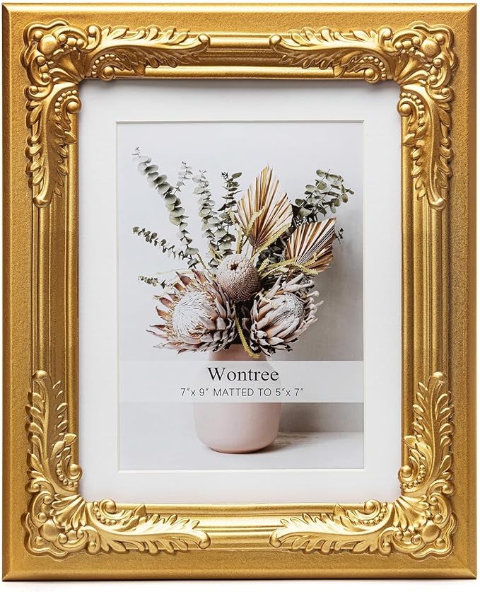 7x9 Gold Picture Frame with Baroque Flower Trim, Solid Wood with Real Glass, Display 7x9 Photos Matted to 5x7, Vertical and Horizontal Desk Tabletop or Wall Hanging,Ornate Vintage Style