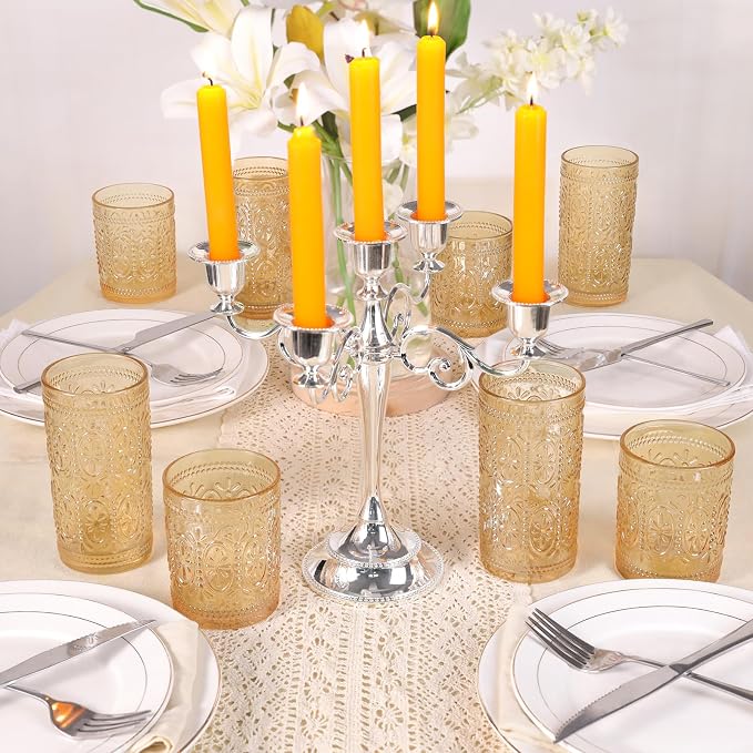 Darlion 6 Pack Amber Glassware Set, 10oz Vintage Drinking Glasses, Colored Water Glasses, Amber Embossed Glass Cups for Party Wedding Home Office Gift