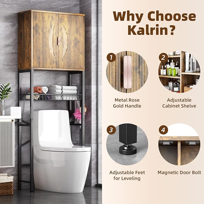 Kalrin Over The Toilet Storage Cabinet with Fluted Wave Doors and Adjustable Shelf, Wood Over Toilet Storage Rack with Drain Basket, Freestanding Bathroom Organizer for Balcony Laundry, Vintage Brown