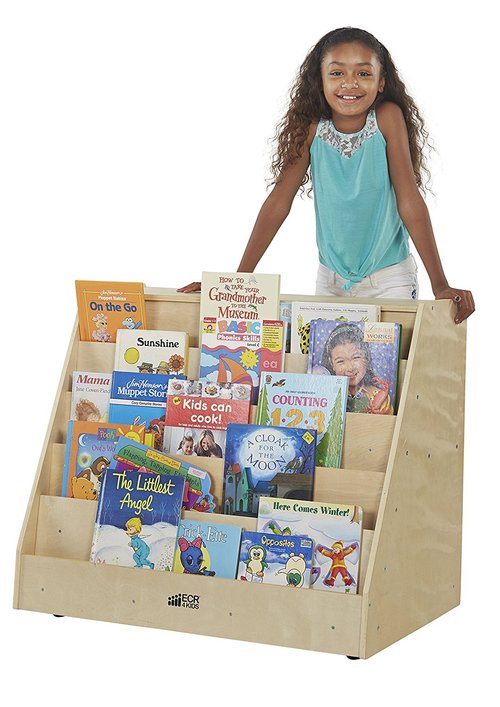 ECR4Kids Double-Sided Mobile Book Display - Versatile Classroom Bookshelf with Storage, Natural Finish