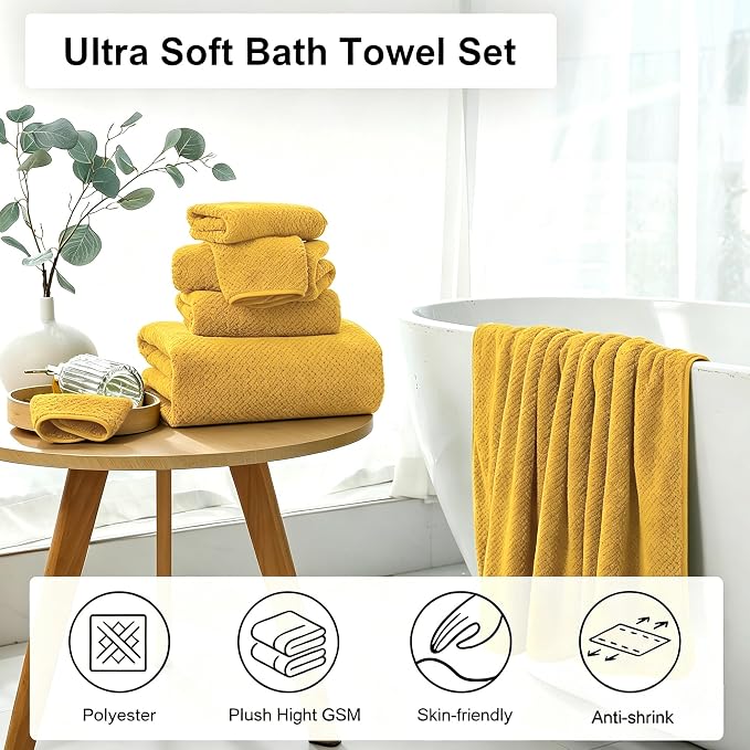 8 Piece Large Yellow Family Bath Towel Set-2 Oversized Bath Towel Sheets,2 Hand Towels,4 Washcloths-600GSM Soft Highly Absorbent Quick Dry Beach Chair Towels Woven Towels for Bathroom Hotel and Spa