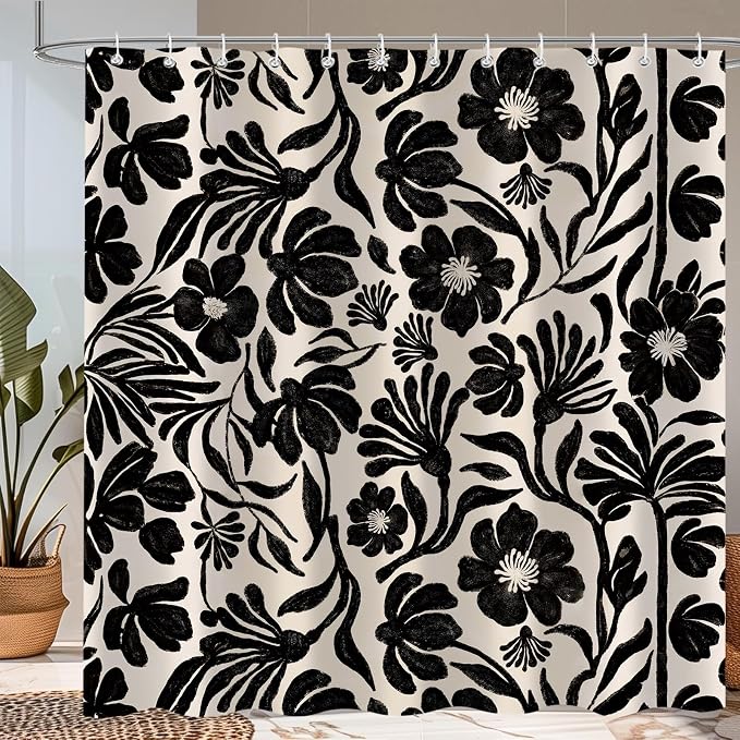 Black Boho Vintage Floral Shower Curtain，Mid Century Modern Retro Cute Abstract Flower Leaves Aesthetic Bathroom Decoration，Polyester Fabric Waterproof Bath Curtain 72x72 Inch with 12 Hooks