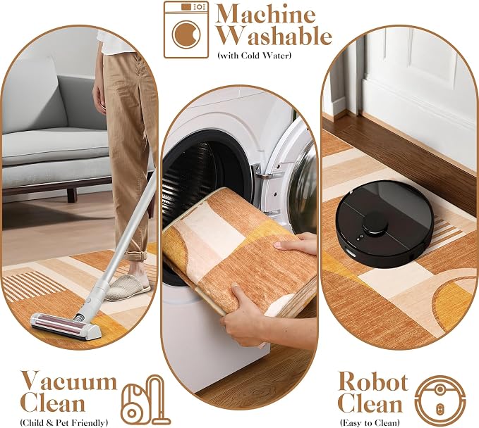 3x5 Washable Rug for Bedroom, Boho Geometric Small Area Rugs for Living Room Entryway Soft Low Pile Non-Slip Indoor Rug for Playroom Dorm Girls, Orange Multi, 3'x5'