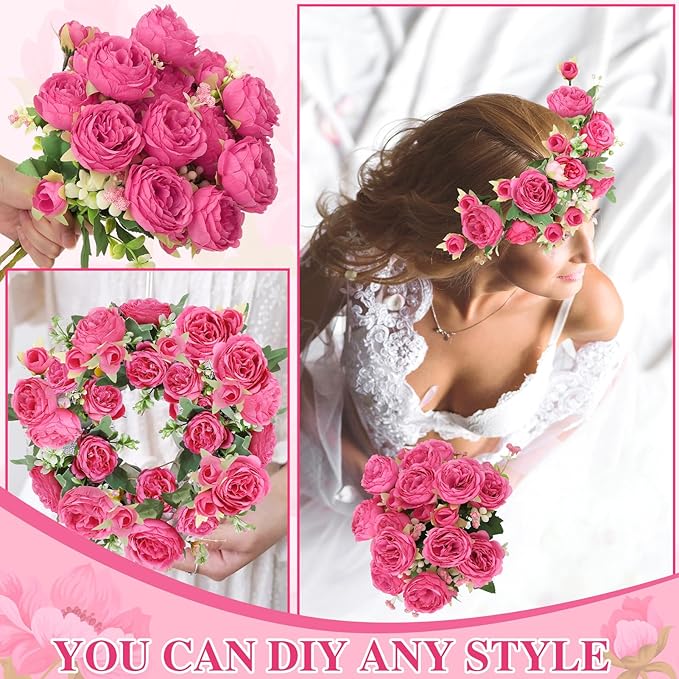 8 Pack Hot Pink Peonies Artificial Flowers, Fake Silk Hydrangea Bouquet for Bridal Wedding Home Table Decor Reusable Dining Opening Ceremony Birthday Arrangement Faux Floral