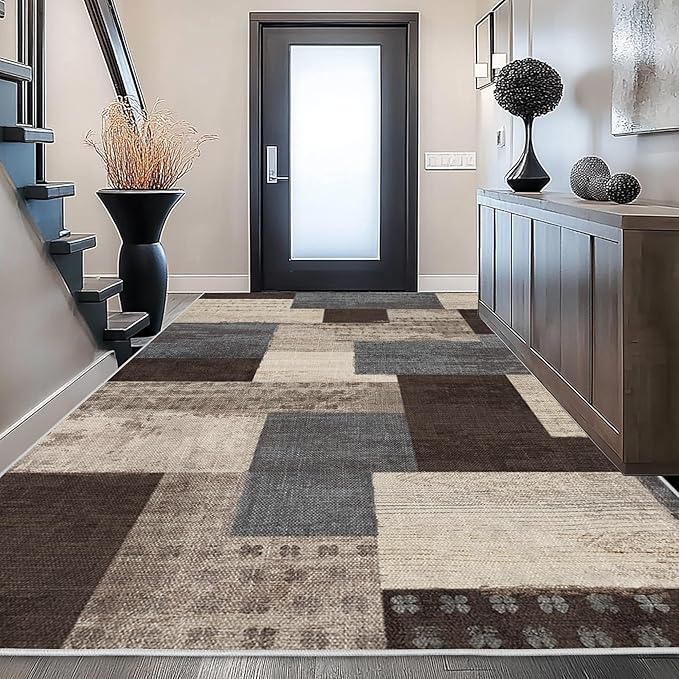 Modern Geometric Patchwork Indoor Area Rug for Living Room, Blue-Taupe 8'x 10' Large Rug Rockwood Collection Hardwood Floors Decor for Bedroom, Blue Throw Carpet for Office Entryway Dining Room