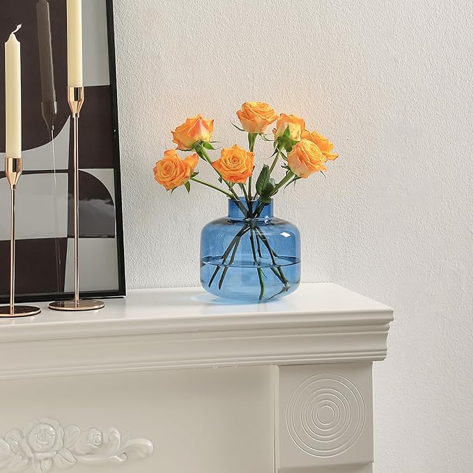 Short Glass Vase, Blue Glass Vase, Short Flower Vase, Round Glass Vase, Small Glass Vases for Flowers, 6 Inch Glass Flower Vases for Living Room, Dining Table, Wedding, Bookshelf, Office Decor