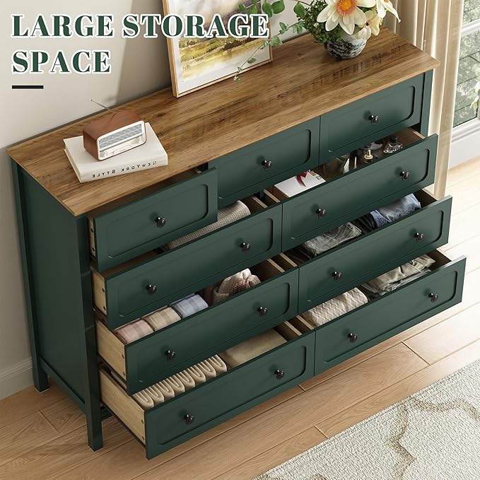 CARPETNAL Green Dresser for Bedroom, 55" Wide 9 Drawer Dresser with Metal Handles and Deep Drawers, Modern Large Wood Chest of Drawers for Living Room, Hallway.