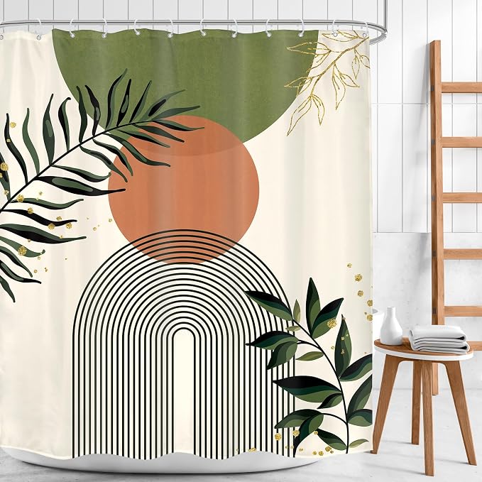 Green Boho Shower Curtain 60Wx72H Abstract Bohemian Modern Leaves Mid Century Minimalist Contemporary Plant Bathroom Decor Simple Neutral Bath Curtain Fabric Polyester 12 Pack Hooks
