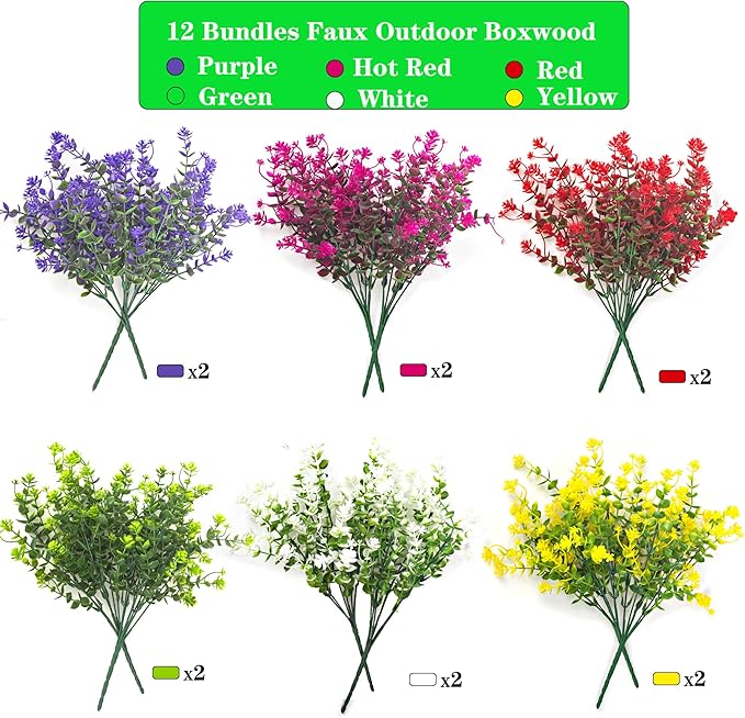 Artificial Flowers, 12 Bundles Outdoor Fake Flowers for Decoration UV Resistant Faux Plastic Plants Garden Porch Window Box Décor