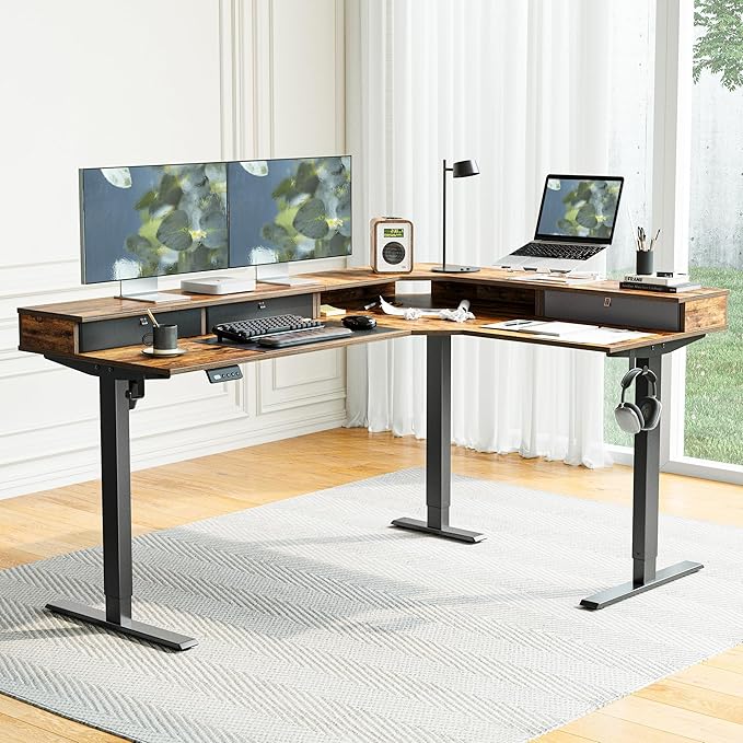 FEZIBO L Shaped Electric Standing Desk, 63x48 inch Large with Drawers | Reversible Tabletop, 2 Memory Height Settings | Home Office & Gaming Height-Adjustable Table, Rustic BrownTop/Black Frame