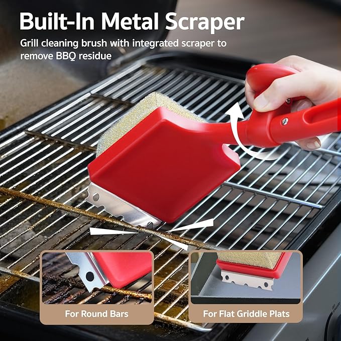 GASPRO Steam Grill Brush Bristle Free for Outdoor Grill, BBQ Cleaning Brush Set with 2 Replacement Heads, Heat-Activated Sponge & Scraper, Ergonomic Handle, Safe for Most Grates, Red