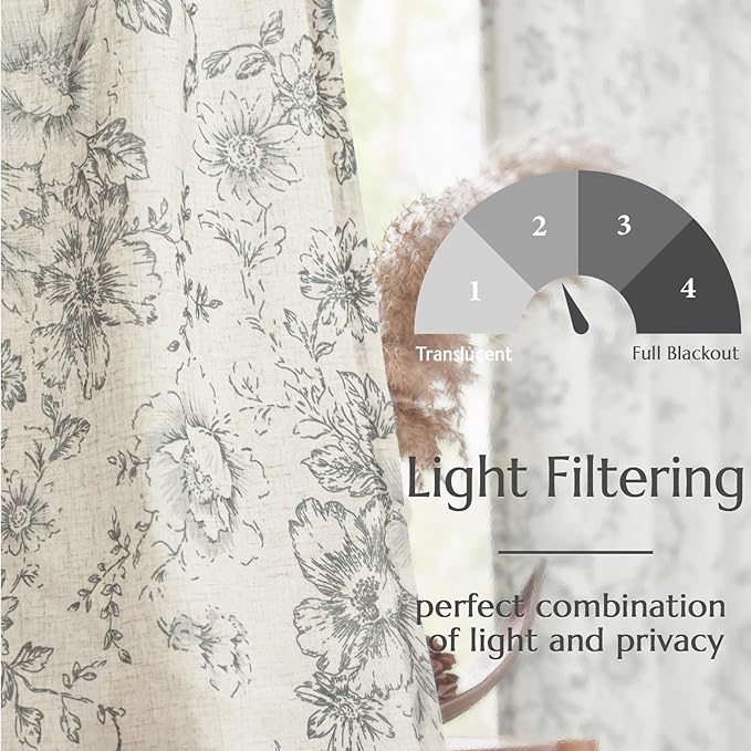 jinchan Lined Linen Blend Curtain Floral Curtains for Living Room 63 Inch Length Grey Peony Flower Printed Curtain Back Tab Farmhouse Patterned Drapes Bedroom Window Curtains Set 2 Panels