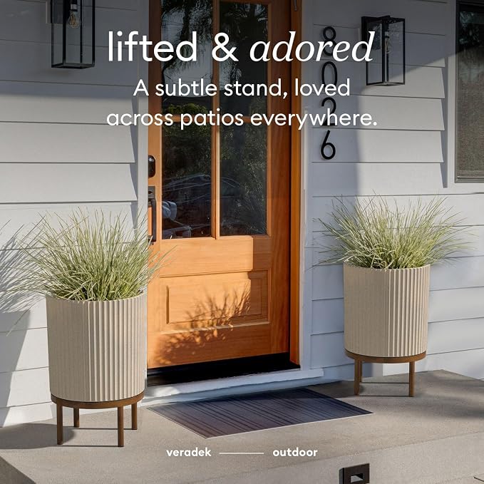 Veradek Demi Series Round Planter w/ Stand for Porch/Patio | Durable Plastic-Concrete & Wooden Stand | Modern Décor for Tall Plants, Flowers