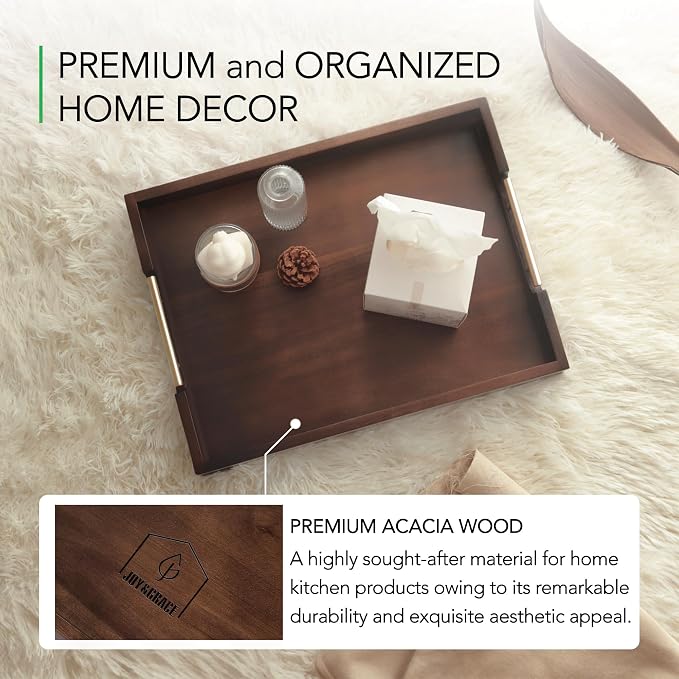 Joy&Grace Ottoman Tray for Living Room, Large Acacia Wooden Serving Tray with Handles for Coffee Table, Breakfast in Bed, Food Dinner, Decorative Tray (Sleek Brown, 16.7" x 12.8" x 2")