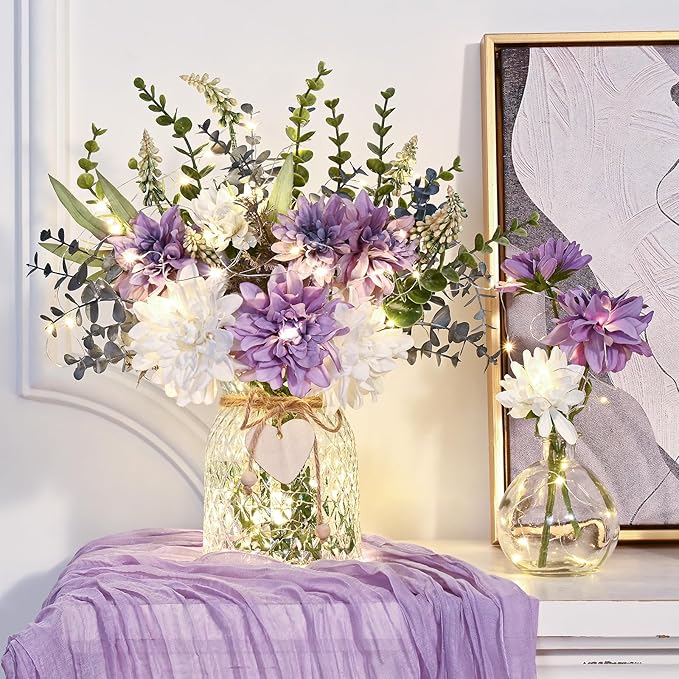MARTINE MALL Fake Flowers in Vase with Lights, Faux Flowers in Vase, Dahlia Artificial Flowers in Vase Centerpiece Table Decorations Artificial Flower Arrangement for Home Dining Room Farmhouse