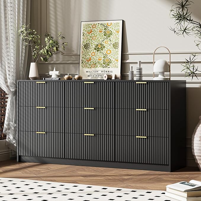 Black 9 Drawer Dresser for Bedroom, 63" Wide Modern Fluted Dresser with Gold Metal Handles, Chest of Drawers for Bedroom, Living Room, Entryway, Hallway