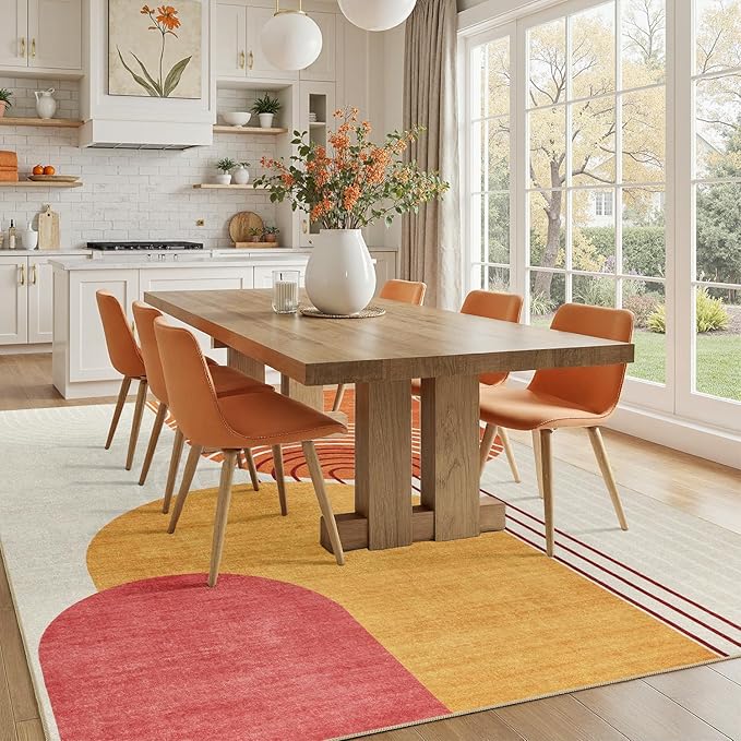 DCX Abstract Machine Washable 9x12 Rug, Mid Century Modern Rug for Living Room, Soft Low Pile Non Slip Carpet, Kid & Pet Friendly Stain Resistant Rug for Bedroom Dining Room Office, Orange & Yellow