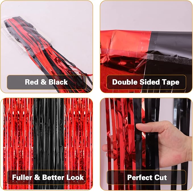 2 Pack 3.2x8.2 Feet Black and Red Foil Fringe Curtains Party Decorations, Tinsel Curtain Backdrop Streamers for Birthday Graduation Fiesta Stranger Theme Halloween Christmas Party Supplies