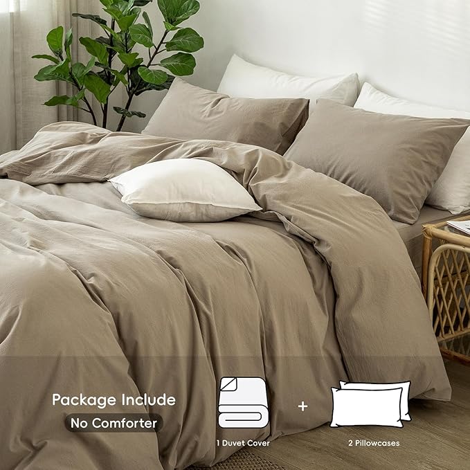 MooMee Bedding Duvet Cover Set 100% Washed Cotton Linen Like Textured Breathable Durable Soft Comfy (Solid Light Camel, King 104"x90")