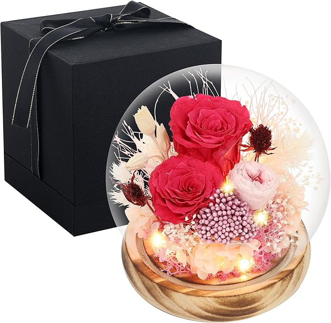 Preserved Flowers Bouquets Unique Rose Preserved Flower Gifts in Glass Dome for Women,Wife, Grandma Suitable for Birthday, Mother’s Day, Valentine’s Day, Anniversary, Christmas