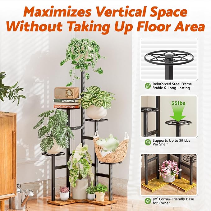 5 Tiered Corner Plant Stand Tall Indoor, Metal Plant Stand Outdoor for Multiple Plants, Flower Pot Holder Shelf Planter for Patio Garden, Living Room, Bedroom, Office - BlackDiamond