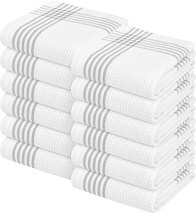 Waffle White & Grey Kitchen Towels 12 Pack, 100% Cotton, 16x26 inches, Quick Drying Dish Cloths, Absorbent Bar Mop Towels, Durable Kitchen Dishcloths Set for Daily Use