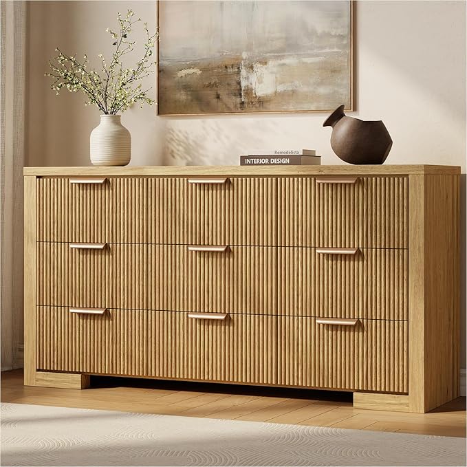 Fluted Dresser for Bedroom, 9 Drawer Dresser with Gold Handle, 57" Wide Chest of Drawers, Modern Wood Dressers Organizer for Bedroom, Liveroom, Entryway, Natural Oak