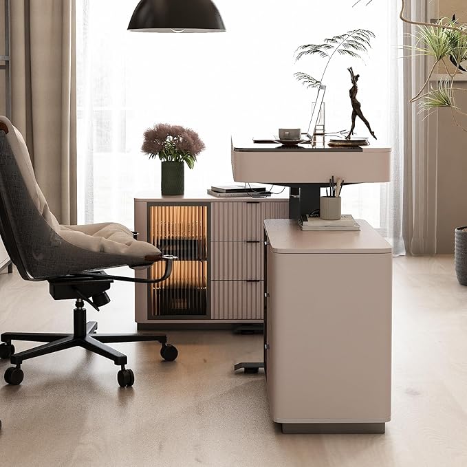Lartis Office Desk, Electric Standing Desk with Built-in Outlets, Tempered Glass Top Modern Office Computer Desk with 2 Side cabinets (Pale Pink, 47)