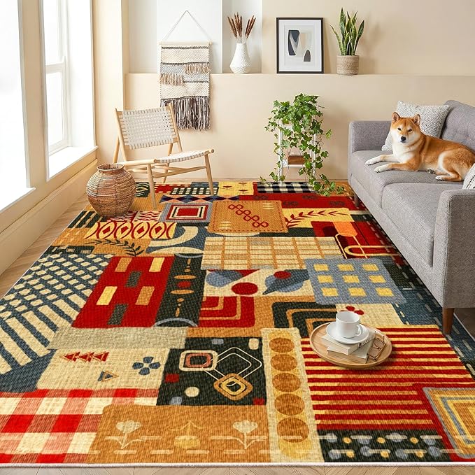 Washable 4x6 Vintage Patchwork Area Rug, Boho Tribal Geometric Colorful Rugs for Living Room, Non-Slip Low Pile Indoor Carpet, Vintage Rustic Rug for Dining Room Bedroom Office Entryway Decor