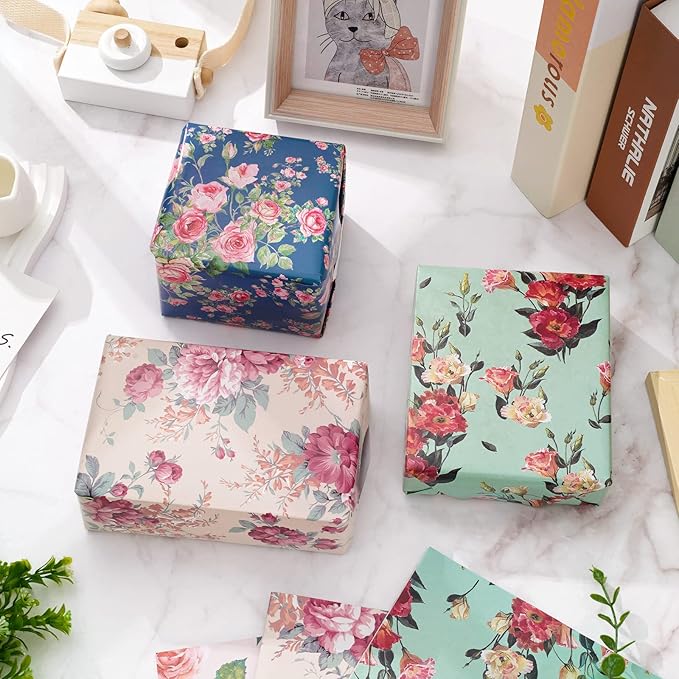 Whaline 12 Sheet Floral Wrapping Paper Vintage Flower Gift Wrap Paper Retro Decorative Art paper for Spring Wedding Baby Shower Birthday DIY Crafts Gift Packing, 19.7 x 27.6 Inch, Folded Flat