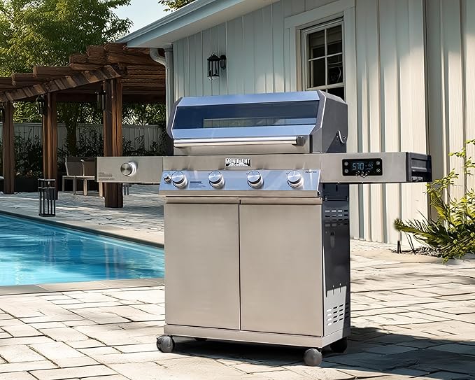 Monument Grills Denali 405 4-Burner Liquid Propane Gas Smart BBQ Grill Stainless Steel with BBQ Cover(2 items)